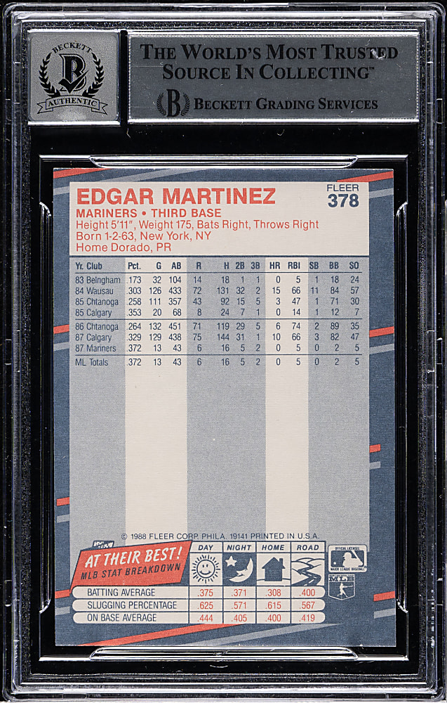 Signed 1988 Fleer Glossy #378 Edgar Martinez Rookie Beckett GEM MINT 10 - "HOF 19" Inscription