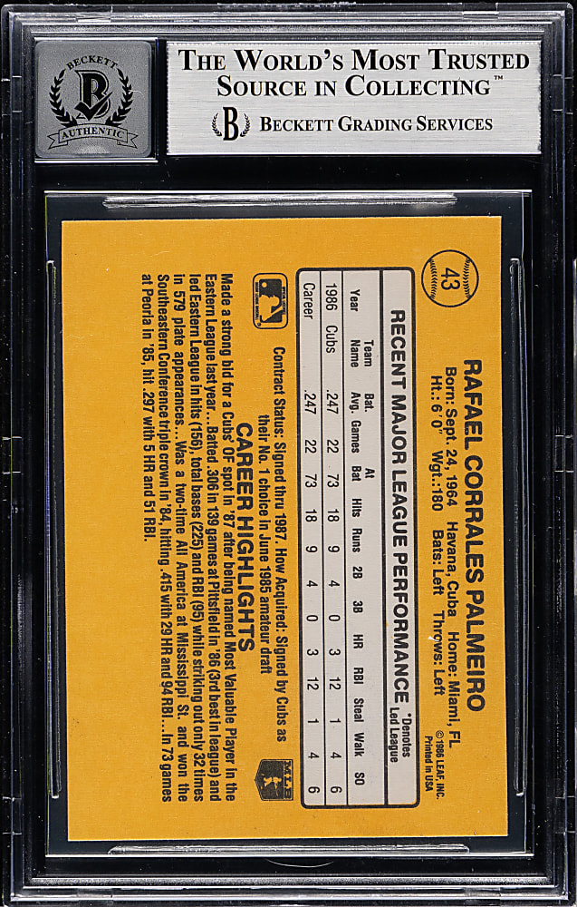 Signed 1987 Donruss #43 Rafael Palmeiro Rookie Beckett GEM MINT 10 - "569 HRS" Inscription