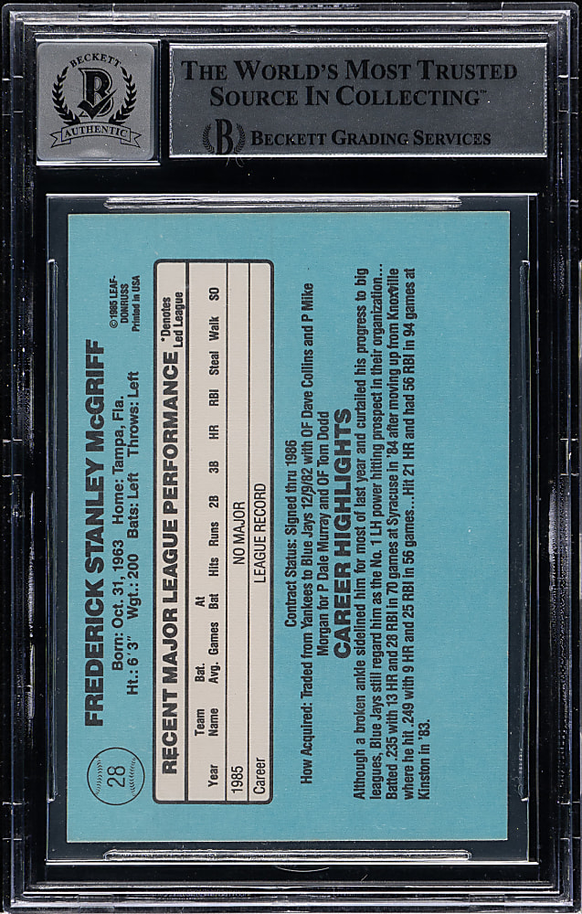 Signed 1986 Donruss #28 Fred McGriff Rookie Beckett GEM MINT 10