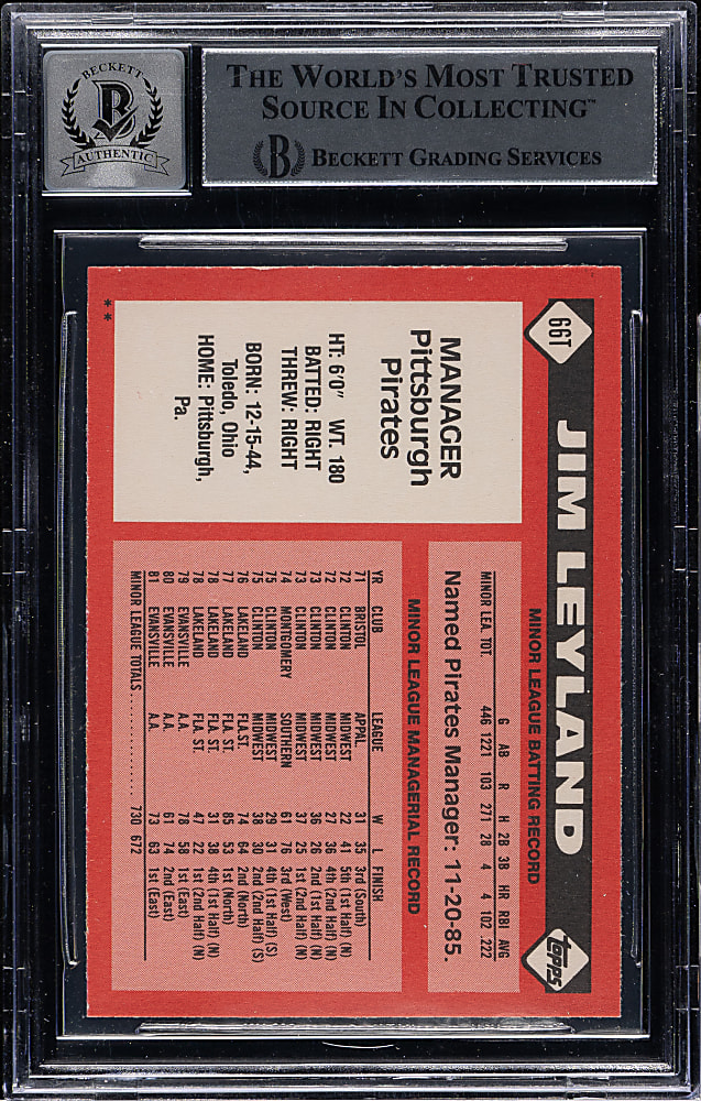 Signed 1986 Topps Traded #66T Jim Leyland Beckett GEM MINT 10