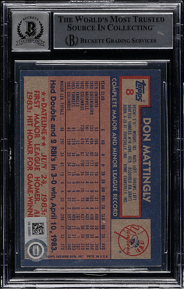 Signed 1984 Topps #8 Don Mattingly Rookie Beckett GEM MINT 10