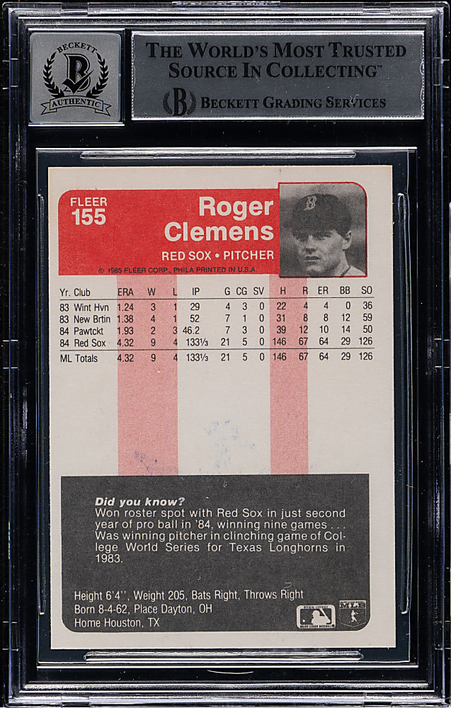 Signed 1985 Fleer #155 Roger Clemens Rookie Beckett GEM MINT 10