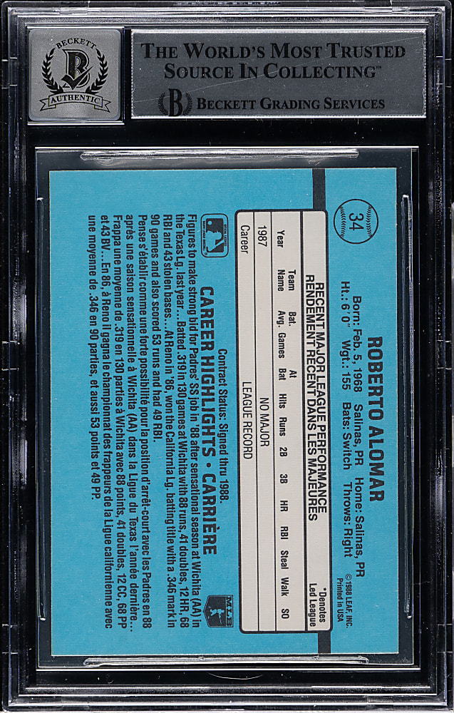 Signed 1988 Leaf Donruss #34 Roberto Alomar Rookie Beckett GEM MINT 10