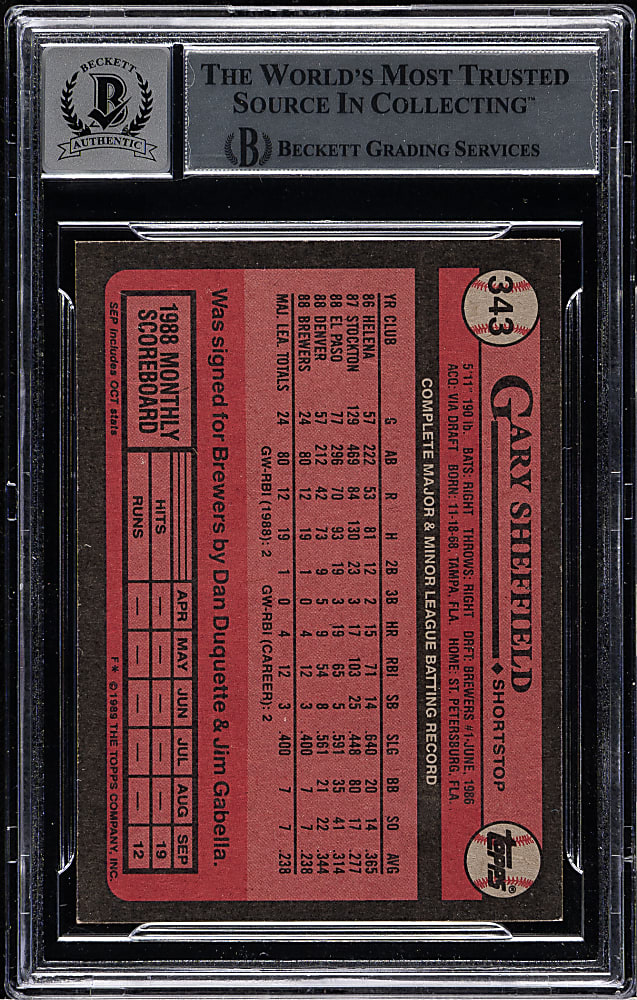 Signed 1989 Topps #343 Gary Sheffield Rookie Beckett GEM MINT 10