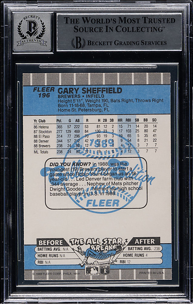 Signed 1989 Fleer Glossy #196 Gary Sheffield Rookie Beckett GEM MINT 10