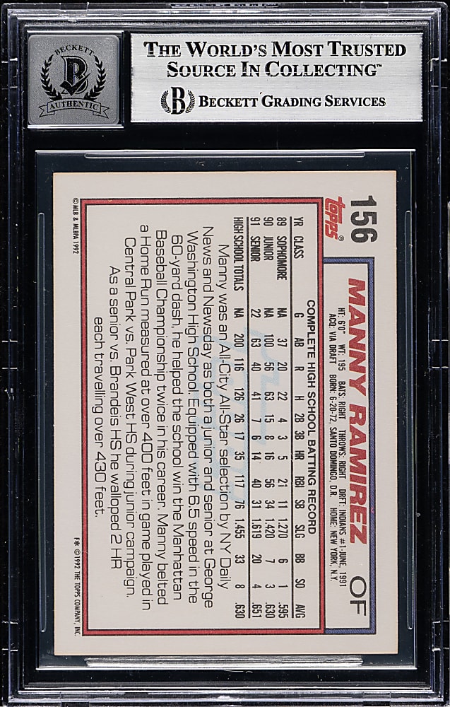 Signed 1992 Topps #156 Manny Ramirez Rookie Beckett GEM MINT 10