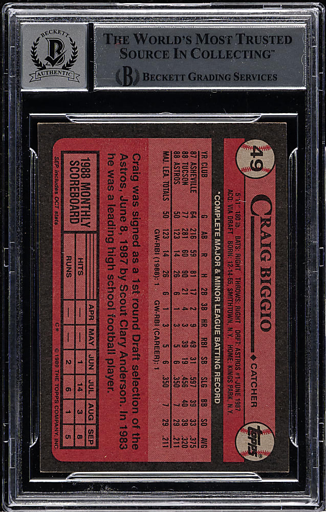 Signed 1989 Topps #49 Craig Biggio Rookie Beckett GEM MINT 10