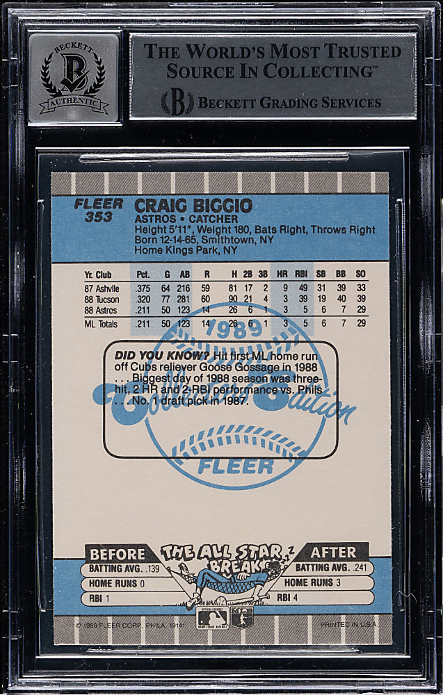 Signed 1989 Fleer Glossy #353 Craig Biggio Rookie Beckett GEM MINT 10