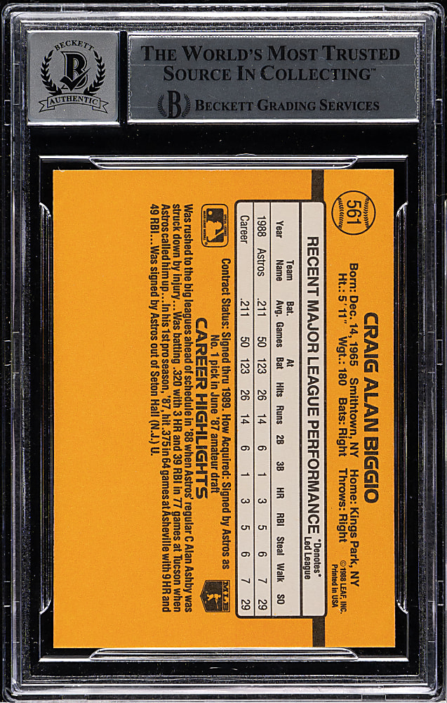 Signed 1989 Donruss #561 Craig Biggio Rookie Beckett GEM MINT 10