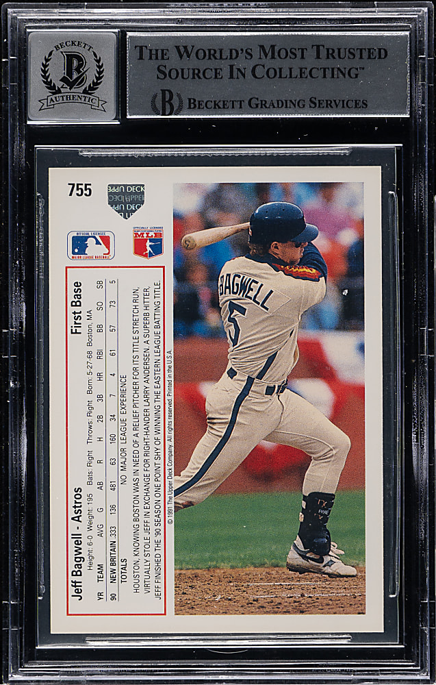Signed 1991 Upper Deck #755 Jeff Bagwell Rookie Beckett GEM MINT 10
