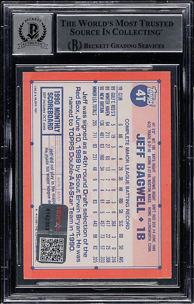Signed 1991 Topps Traded #4T Jeff Bagwell Rookie Beckett GEM MINT 10
