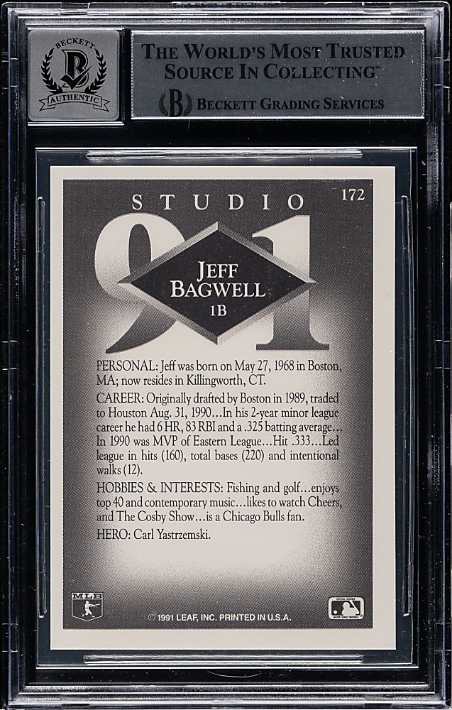 Signed 1991 Studio #172 Jeff Bagwell Rookie Beckett GEM MINT 10
