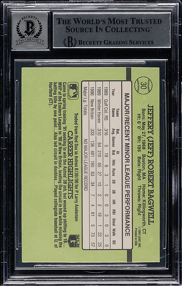 Signed 1991 Donruss Rookies #30 Jeff Bagwell Rookie Beckett GEM MINT 10