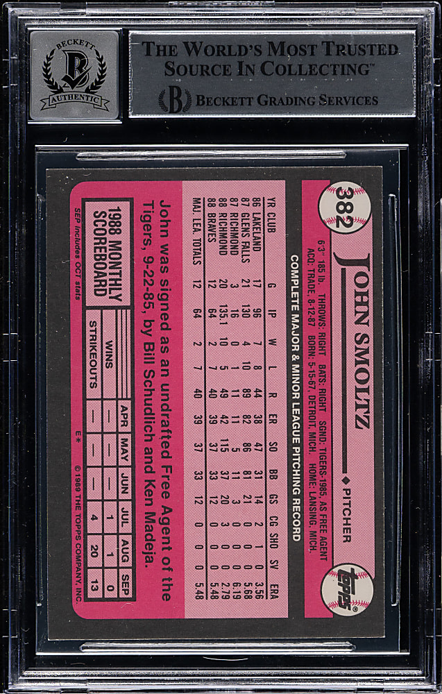 Signed 1989 Topps Tiffany #382 John Smoltz Rookie Beckett GEM MINT 10