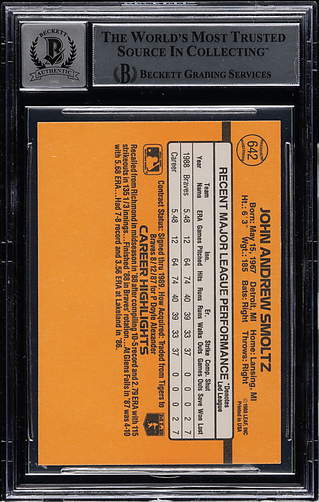 Signed 1989 Donruss #642 John Smoltz Rookie Beckett GEM MINT 10