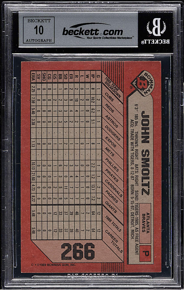 Signed 1989 Bowman #266 John Smoltz Rookie Beckett GEM MINT 10