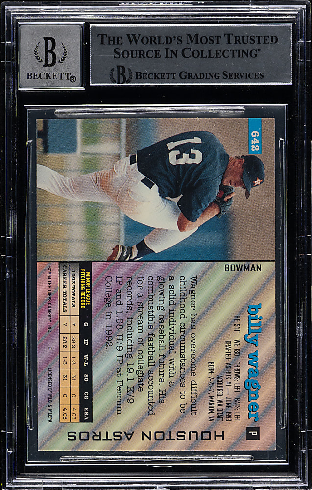Signed 1994 Bowman #642 Billy Wagner Rookie Beckett GEM MINT 10