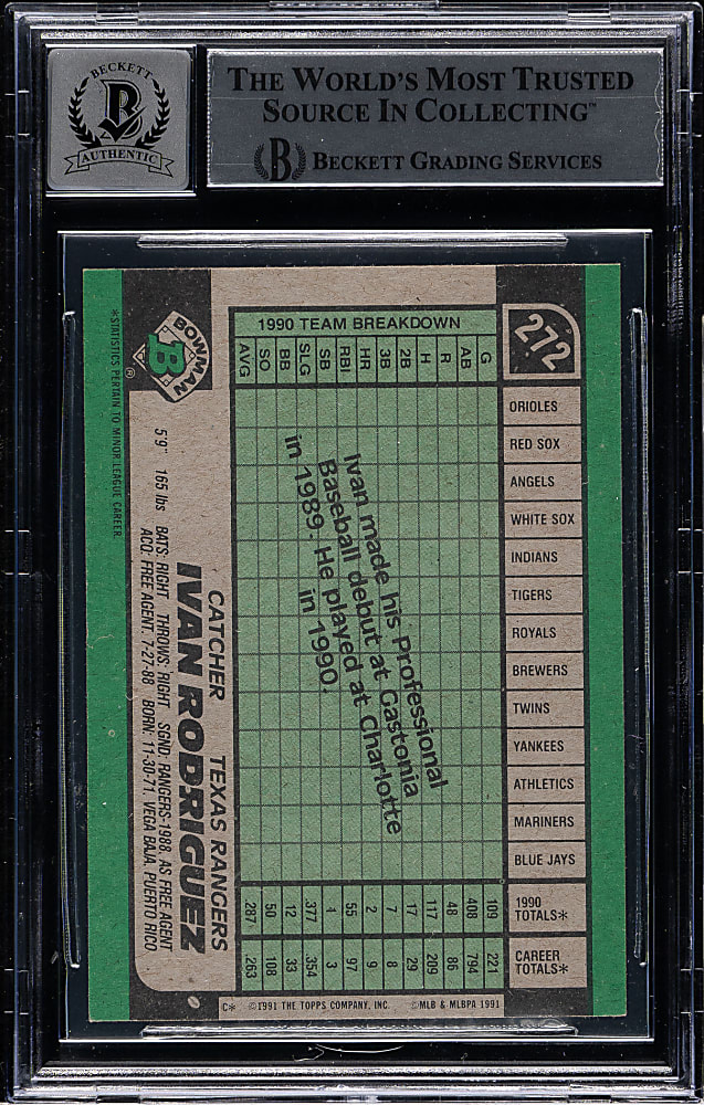 Signed 1991 Bowman #272 Ivan Rodriguez Rookie Beckett GEM MINT 10