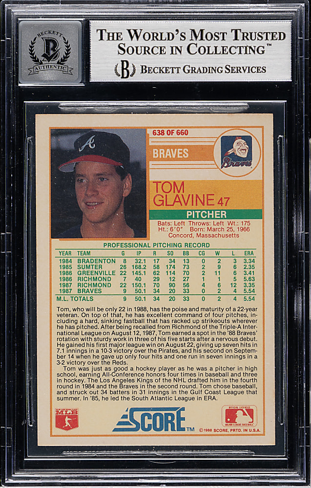 Signed 1988 Score #638 Tom Glavine Rookie Beckett GEM MINT 10