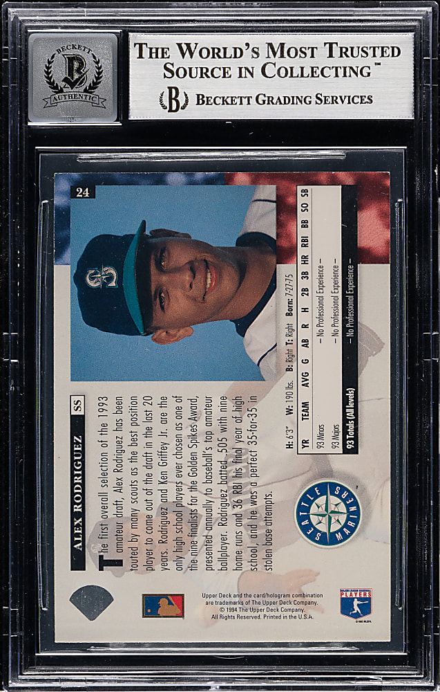 Signed 1994 Upper Deck #24 Alex Rodriguez Rookie Beckett GEM MINT 10