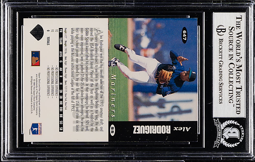 Signed 1994 Collector's Choice #647 Alex Rodriguez Rookie - Beckett
