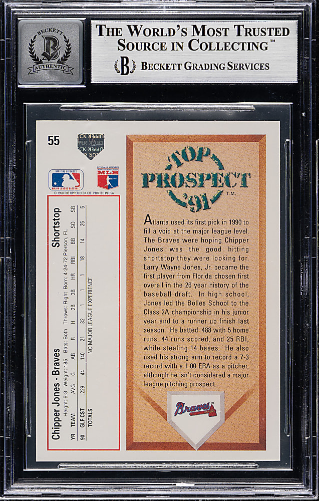 Signed 1991 Upper Deck #55 Chipper Jones Rookie Beckett GEM MINT 10