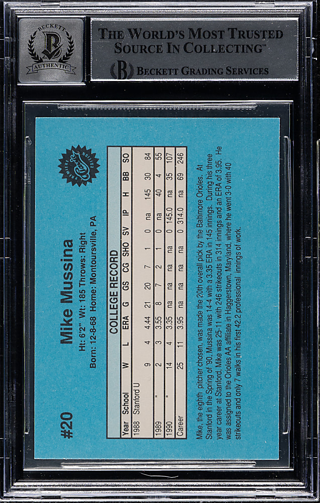 Signed 1990 Classic Draft Picks #20 Mike Mussina Rookie Beckett GEM MINT 10