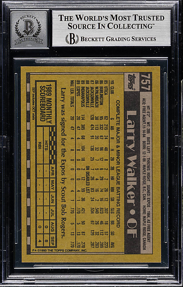 Signed 1990 Topps #757 Larry Walker Rookie Beckett GEM MINT 10