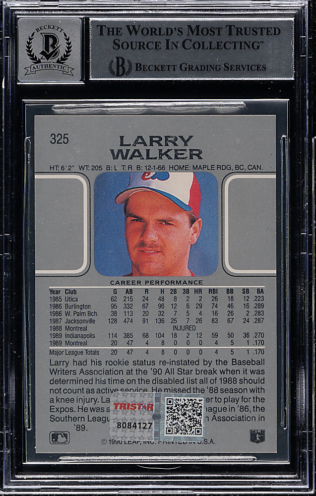 Signed 1990 Leaf #325 Larry Walker Rookie Beckett GEM MINT 10