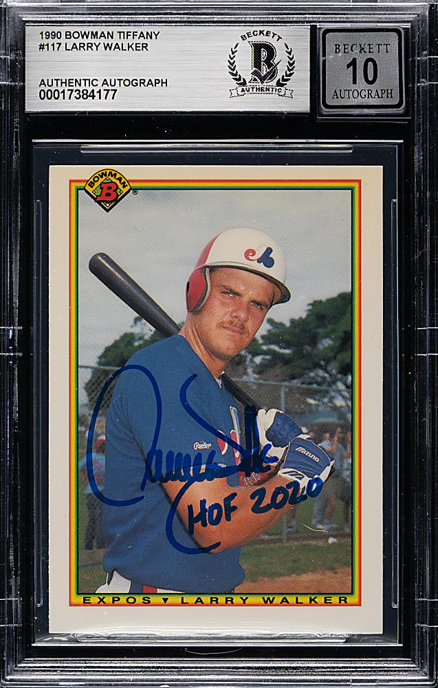 Signed 1990 Bowman Tiffany #117 Larry Walker Rookie Beckett GEM MINT 10 - "HOF 2020" Inscription