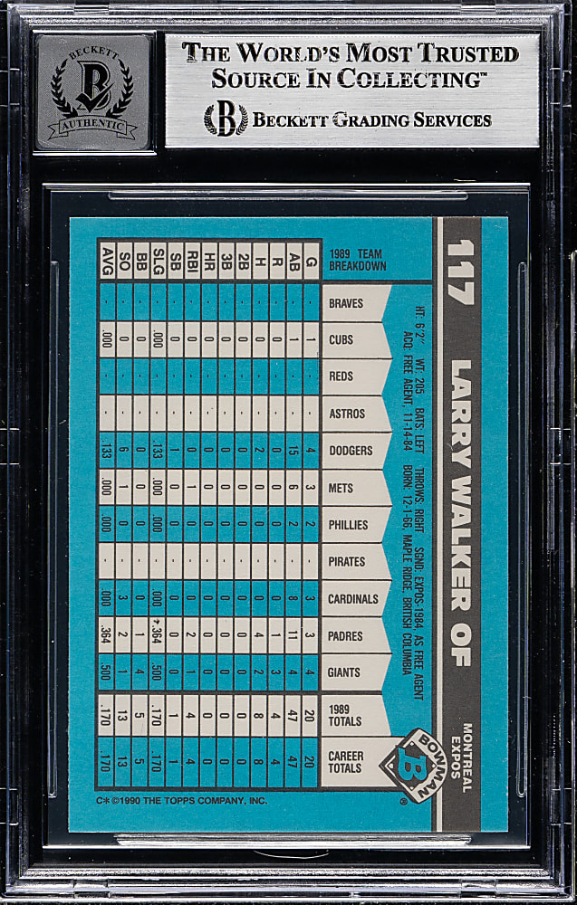 Signed 1990 Bowman Tiffany #117 Larry Walker Rookie Beckett GEM MINT 10 - "HOF 2020" Inscription