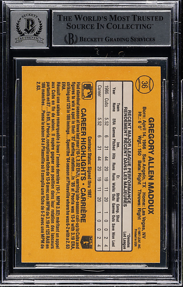 Signed 1987 Leaf Donruss #36 Greg Maddux Rookie Beckett GEM MINT 10