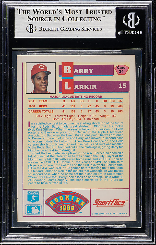 Signed 1986 Sportflics Rookies #34 Barry Larkin Rookie Beckett GEM MINT 10