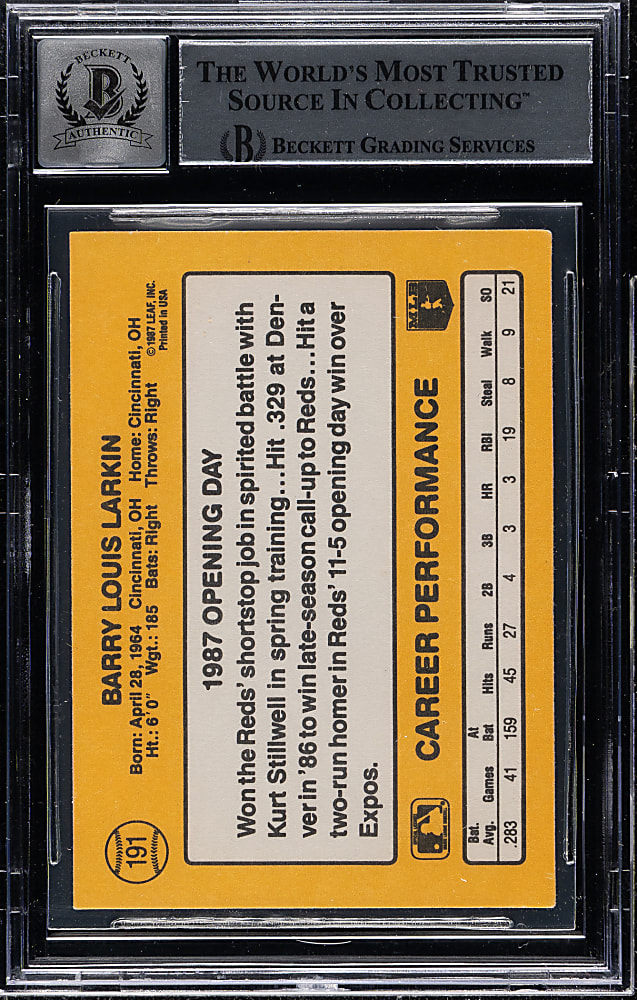 Signed 1987 Donruss Opening Day #191 Barry Larkin Rookie Beckett GEM MINT 10