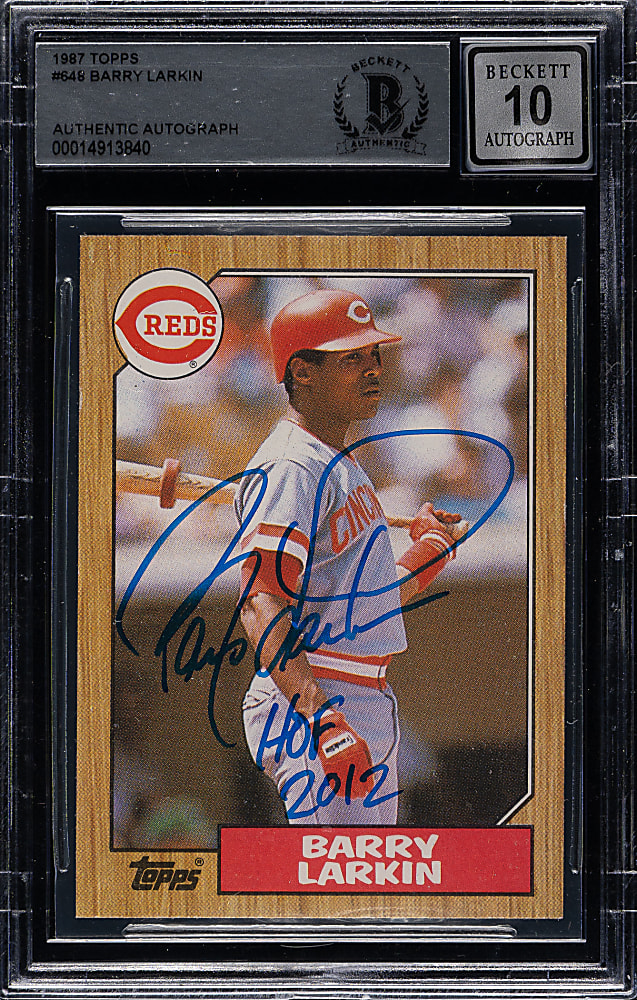 Signed 1987 Topps #648 Barry Larkin Rookie Beckett GEM MINT 10 - "HOF 2012" Inscription
