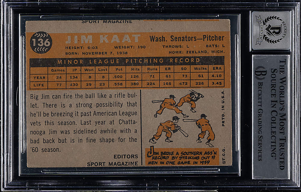 Signed 1960 Topps #136 Jim Kaat Rookie Beckett GEM MINT 10