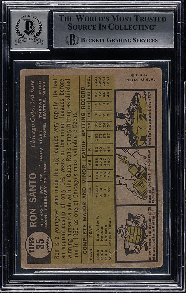 Signed 1961 Topps #35 Ron Santo Rookie Beckett GEM MINT 10