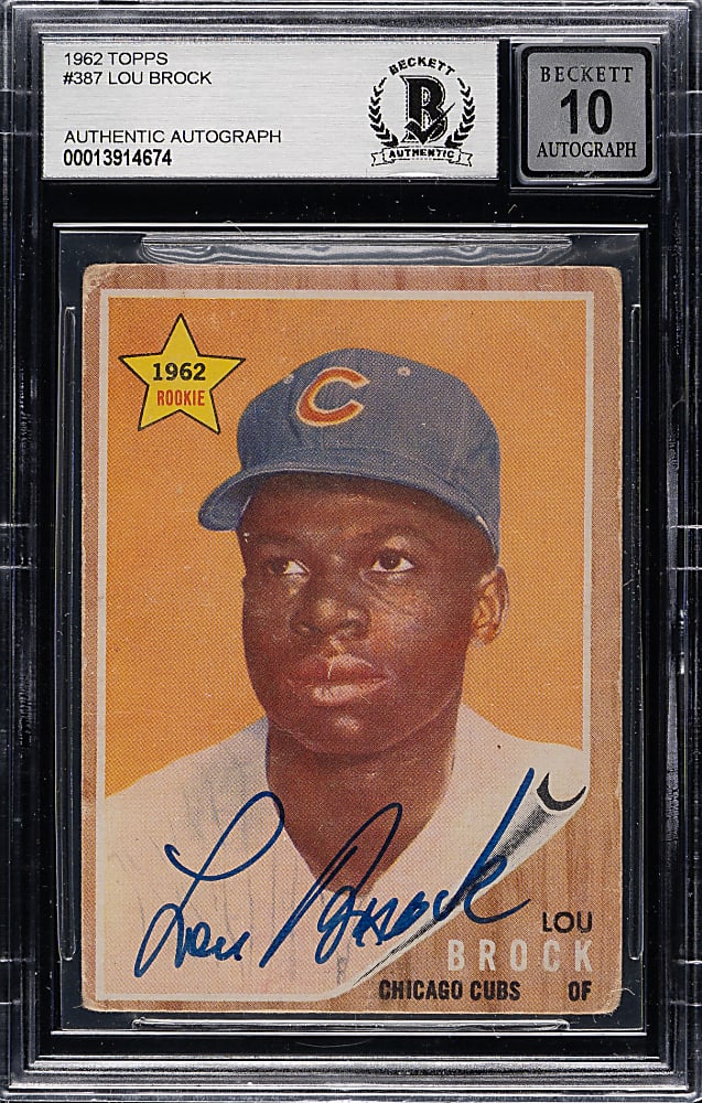 Signed 1962 Topps #387 Lou Brock Rookie Beckett GEM MINT 10