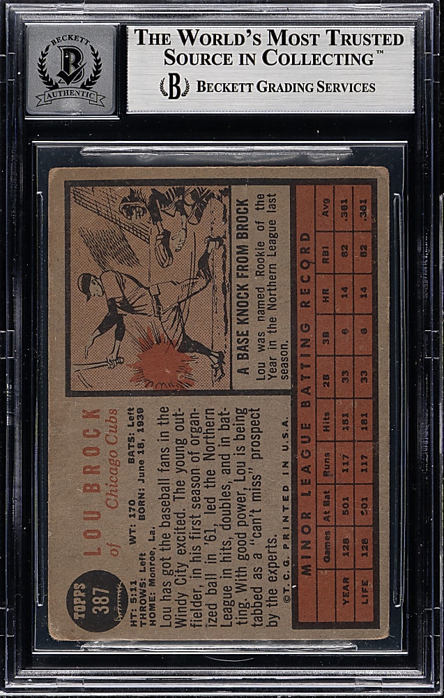 Signed 1962 Topps #387 Lou Brock Rookie Beckett GEM MINT 10