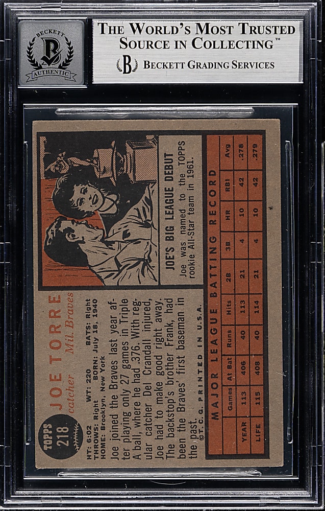 Signed 1962 Topps #218 Joe Torre Rookie Beckett GEM MINT 10