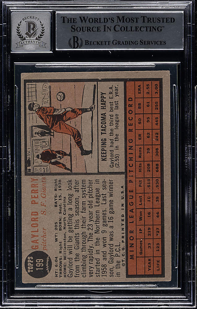 Signed 1962 Topps #199 Gaylord Perry Rookie Beckett GEM MINT 10