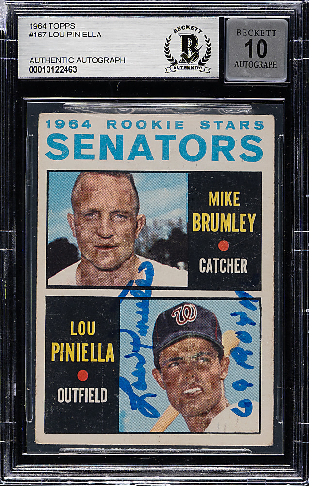 Signed 1964 Topps #167 Lou Piniella Rookie Beckett GEM MINT 10 - "69 ROY" Inscription