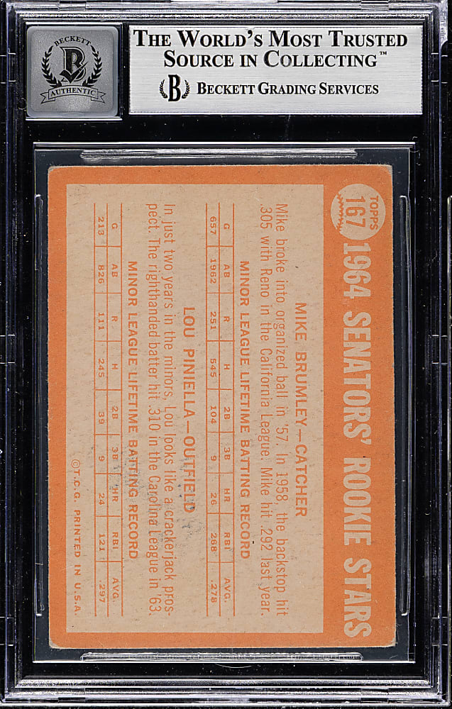 Signed 1964 Topps #167 Lou Piniella Rookie Beckett GEM MINT 10 - "69 ROY" Inscription