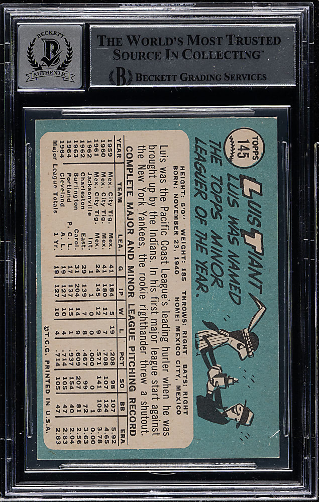 Signed 1965 Topps #145 Luis Tiant Rookie Beckett GEM MINT 10