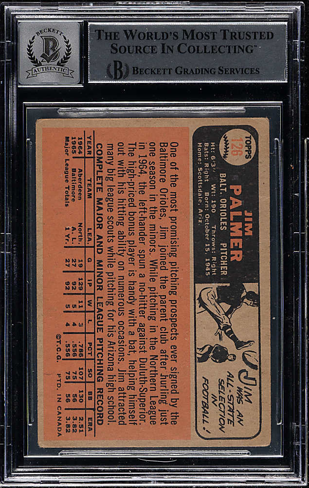 Signed 1966 O-Pee-Chee #126 Jim Palmer Rookie Beckett GEM MINT 10