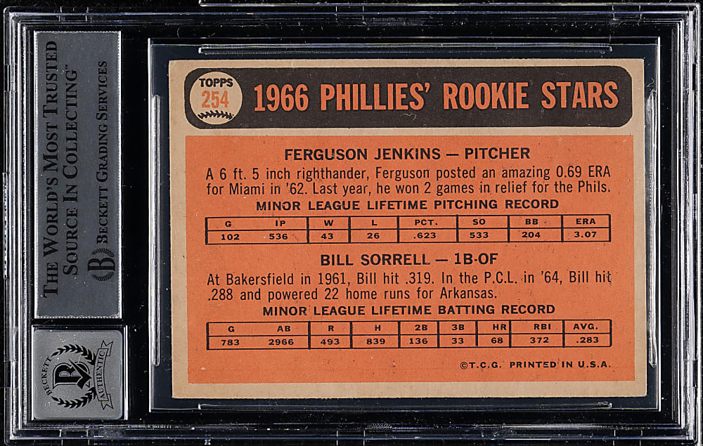 Signed 1966 Topps #254 Fergie Jenkins Rookie Beckett GEM MINT 10