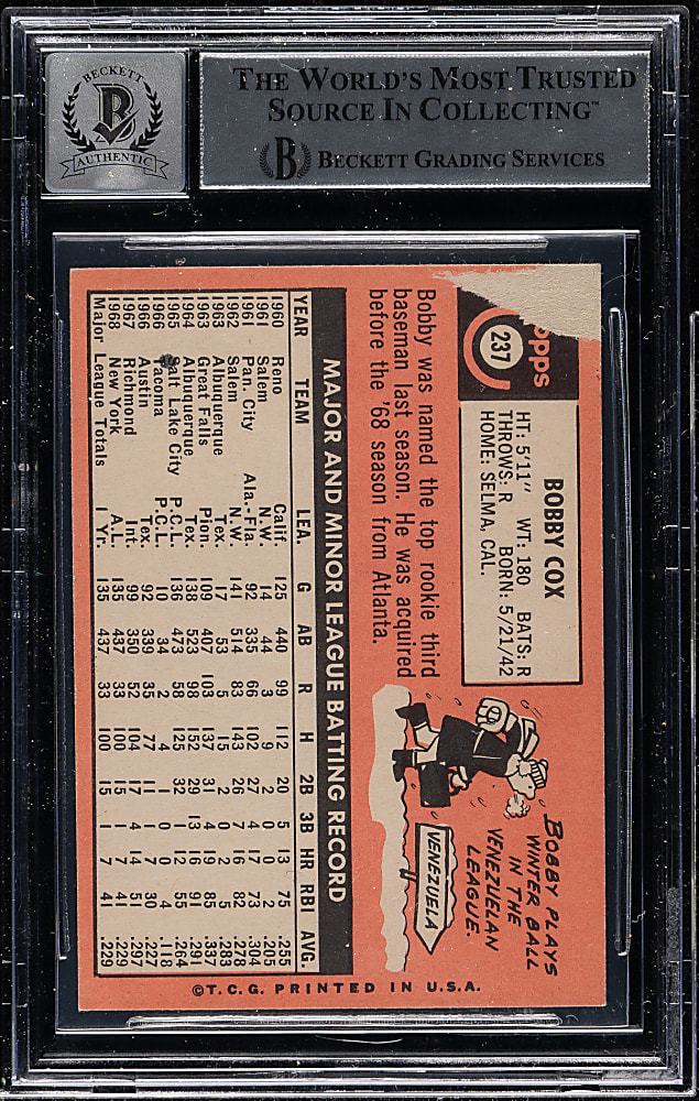 Signed 1969 Topps #237 Bobby Cox Rookie Beckett GEM MINT 10