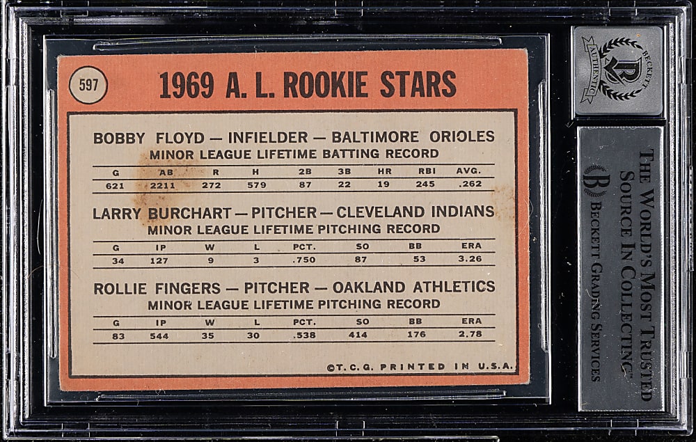 Signed 1969 Topps #597 Rollie Fingers Rookie Beckett GEM MINT 10