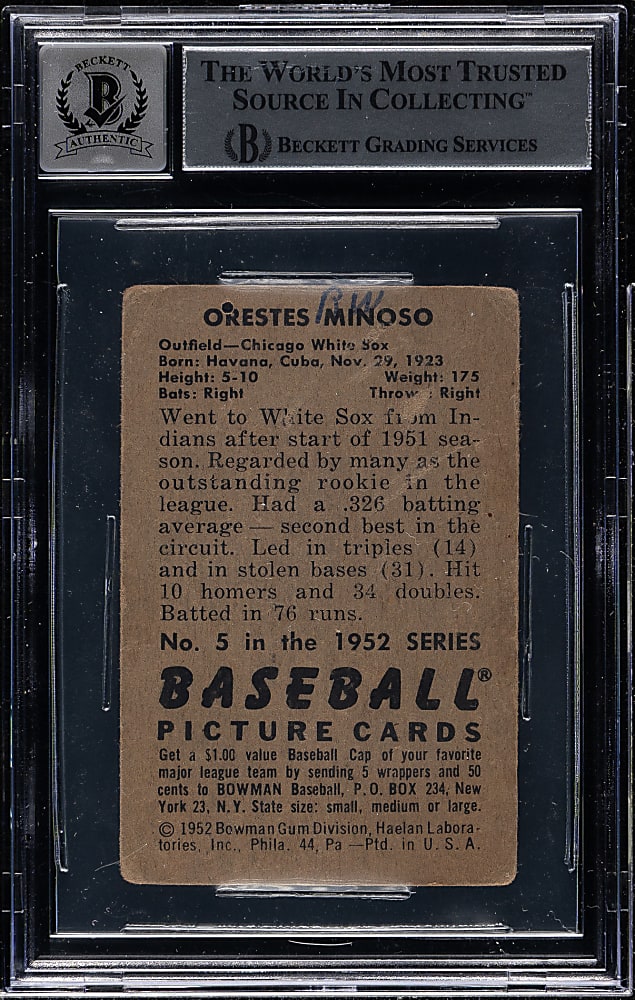 Signed 1952 Bowman #5 Orestes Minoso Rookie Beckett GEM MINT 10