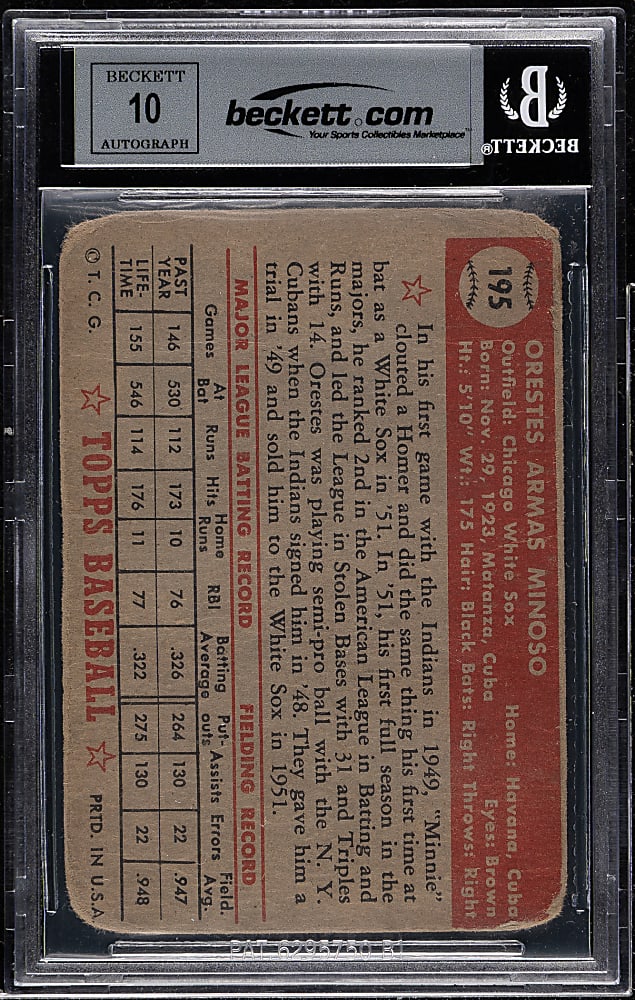 Signed 1952 Topps #195 Orestes Minoso Rookie Beckett GEM MINT 10